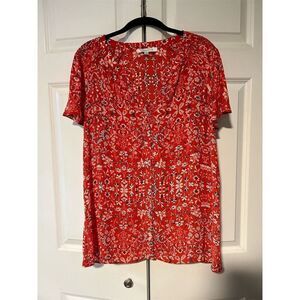 Rose & Olive Women's 1X Red Floral V-Neck Short Sleeve Blouse